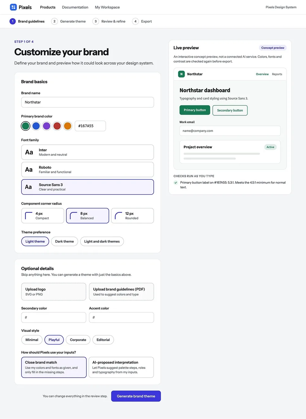 AI Brand Customization: brand basics form with live preview